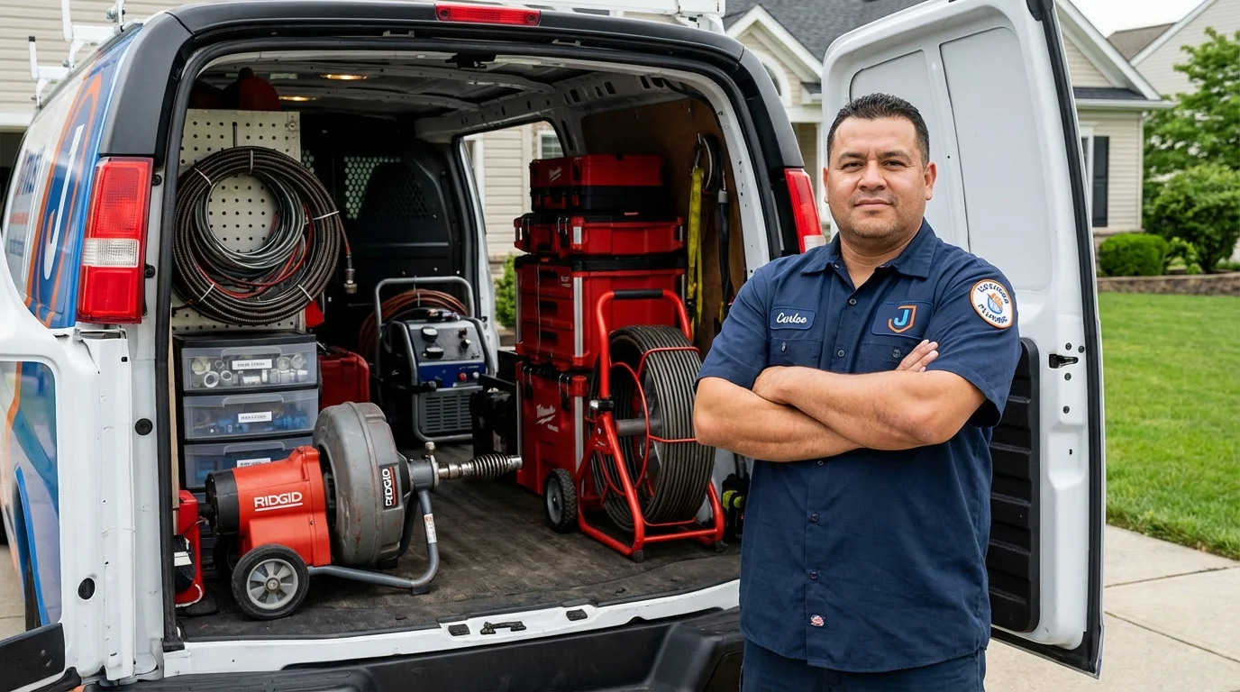 Professional drain cleaning equipment and Johns Plumbing LLC plumber in Raven