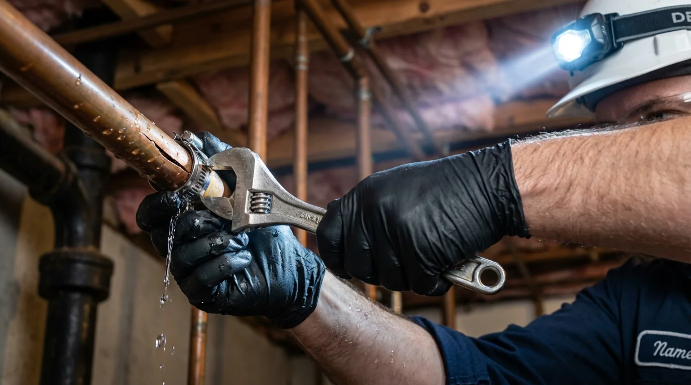 Emergency pipe clamp repair being performed by a Johns Plumbing LLC plumber in Raven
