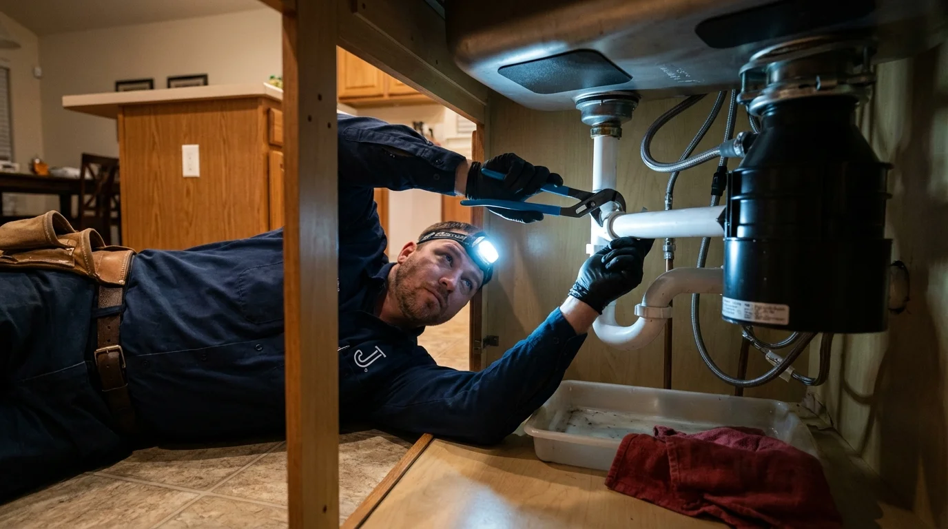 P-trap and supply line connections under a kitchen sink showing a common leak point in Raven, VA